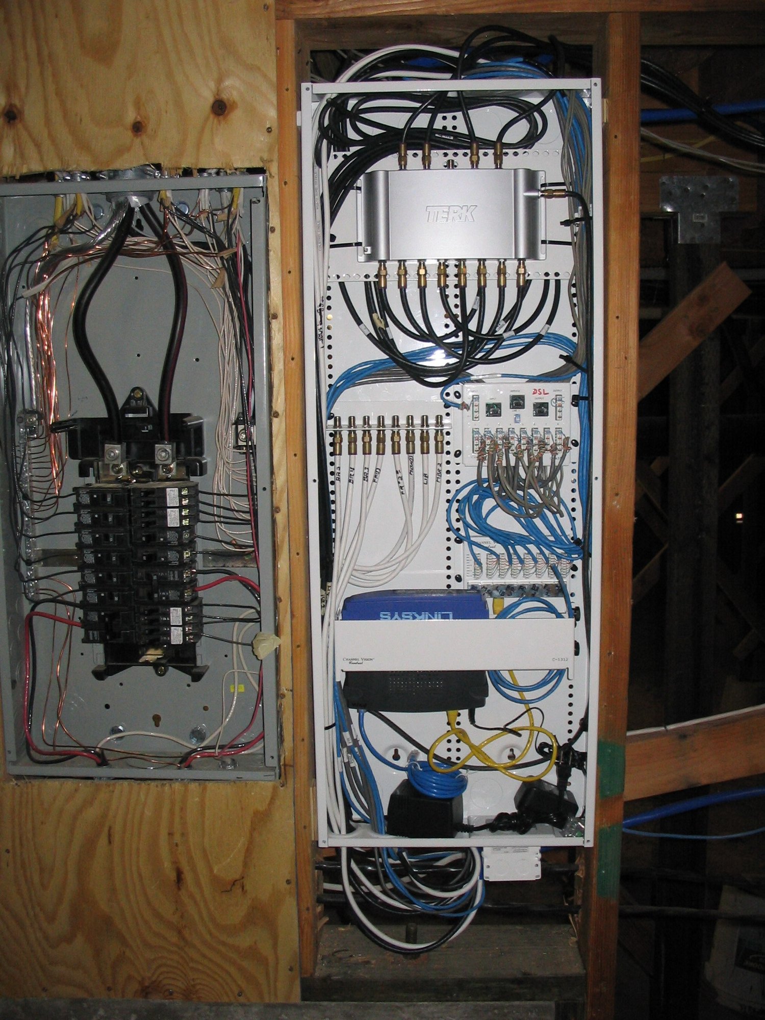 Structured media cabinet and electrical panel labeled for easy rental home service